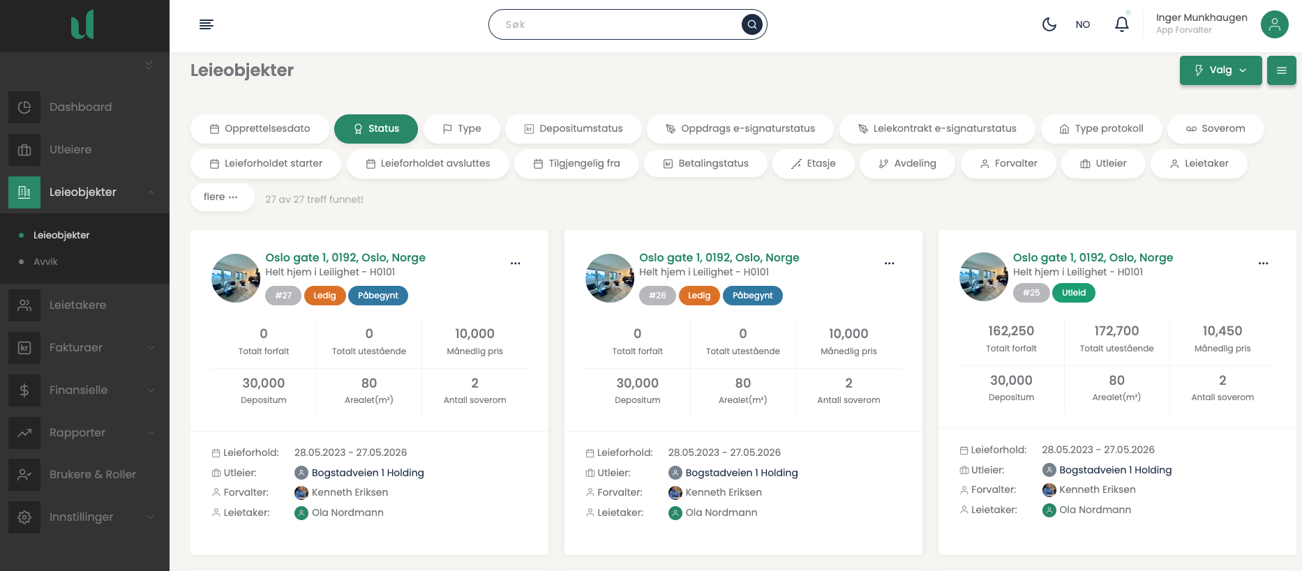 Bilde fra brukergrensesnitt i Unite Living, som viser status for utleieobjekter