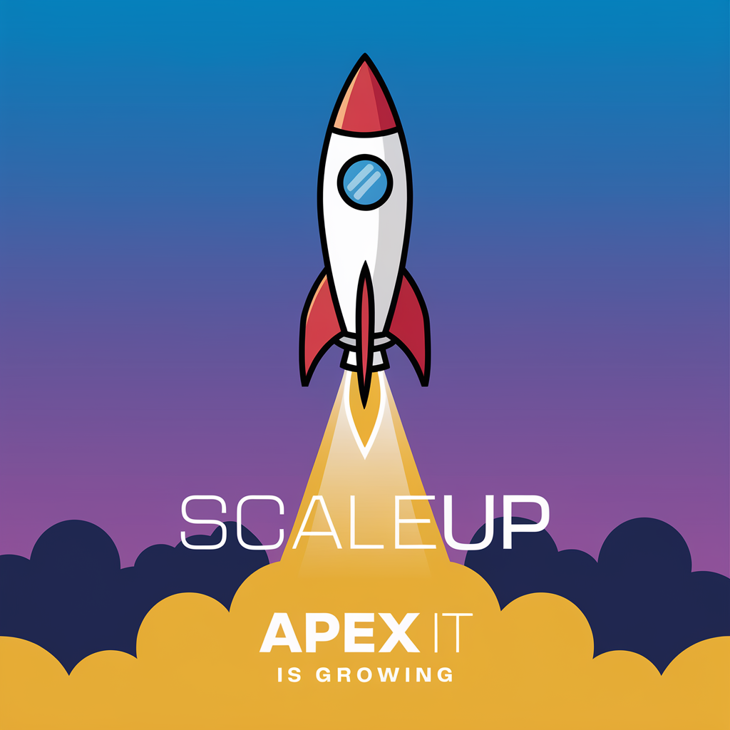 Illustrasjonsbilde av rakett som stiger mot himmelen, med SCALEUP APEX IT IS GROWING